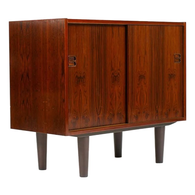 1960s Danish Modern Mid Century Compact Rosewood Credenza Sideboard — Sliding Doors For Sale
