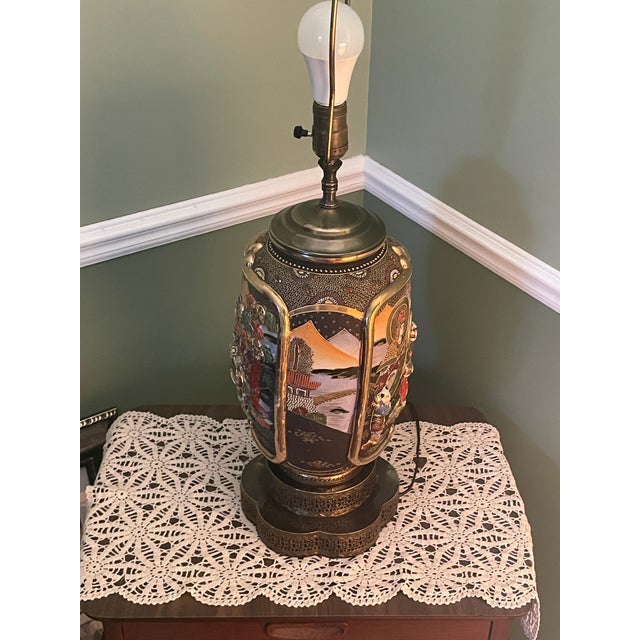 Vintage 31" Japanese Satsuma Moriage Table Lamp With Pleated Shade For Sale In Philadelphia - Image 6 of 18