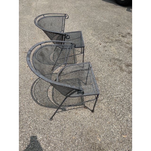 Vintage Wrought Iron Garden and Paio Furniture Four Piece Set Featuring Barrel Back Chairs and Bench With End Table For Sale - Image 6 of 10