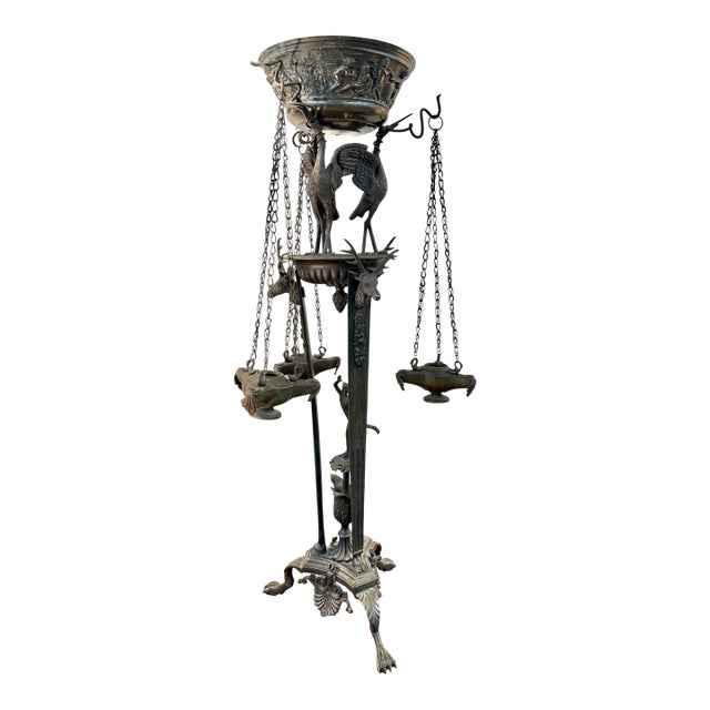 19th Century Large Bronze Grand Tour Neo Classical Pompeiian Tripod Heron Oil Lamp For Sale