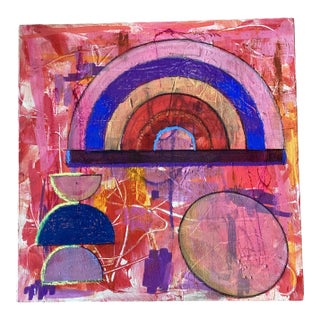 Abstract Geometric Painting Pink Red Rainbow Mid Century Modern Wall Art 8x8 For Sale