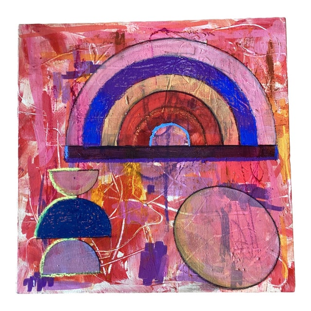 Abstract Geometric Painting Pink Red Rainbow Mid Century Modern Wall Art 8x8 For Sale