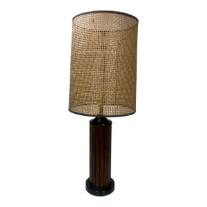 Mid-Century Modern Gruvwood Walnut Table Lamp With Cane Shade