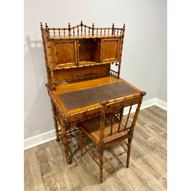 Late 20th Century Aesthetic Movement Faux Bamboo Bird's-Eye Maple Secretary Desk & Original Chair Attributed to r.j. Horner For Sale - Image 12 of 17