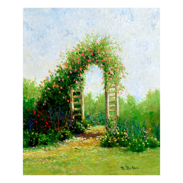 Charming garden landscape with a floral archway by Marnie Dufau (American, b.1947). Signed "M. Dufau" lower right....