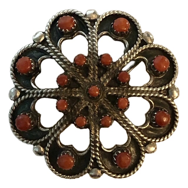 Zuni Petit Point Coral and Sterling Brooch / Pendant M Pinto For Sale