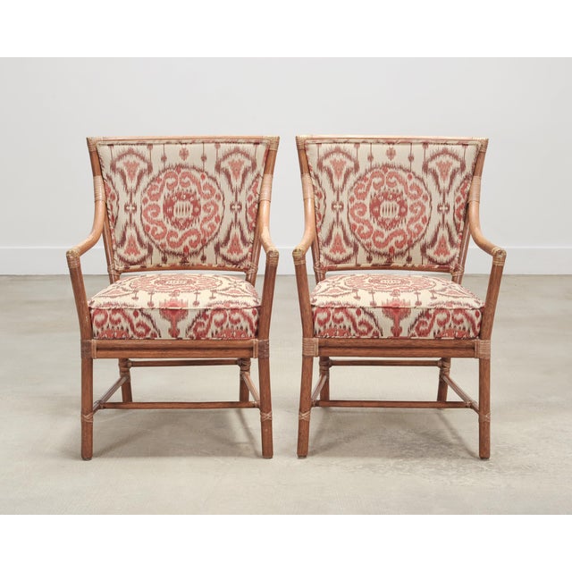 McGuire Set of Four McGuire Spindle-Back Rattan Ikat Dining Armchairs For Sale - Image 4 of 18