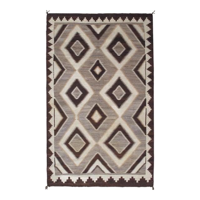 Antique Navajo Carpet, Handmade Wool, Ivory, Beige, Gray and Brown For Sale