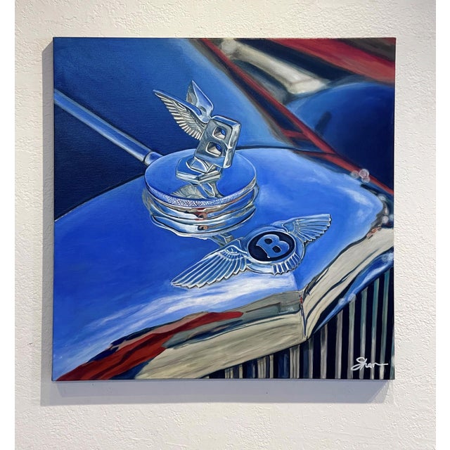 Bentley Flying B by Shan Fannin | Acrylic on cotton canvas Close-up of a Bentley hood ornament For Sale - Image 4 of 5