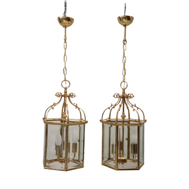 Gilt Metal and Glass Lanterns, 1990s, Set of 2 For Sale