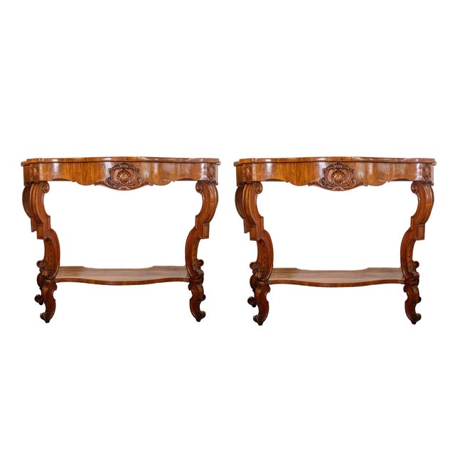 This stunning pair of Italian Louis Philippe consoles dates back to circa 1860, crafted during the height of the Louis...