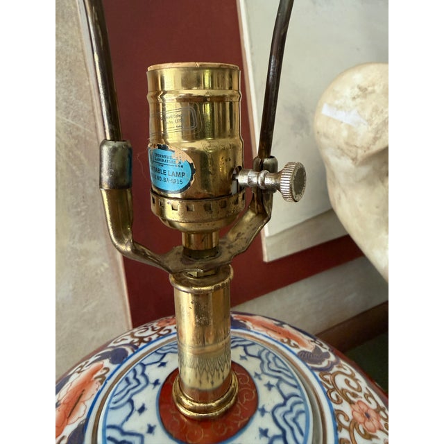 Vintage Chinoiserie Imari Style Table Lamp on Ming Base, Deep Burgundy and Navy Asian Floral Porcelain Lamp For Sale - Image 10 of 11