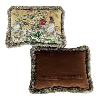A Pair of Custom Scalamandre Botanical Pillows in Honey Mustard and Chocolate Brown For Sale