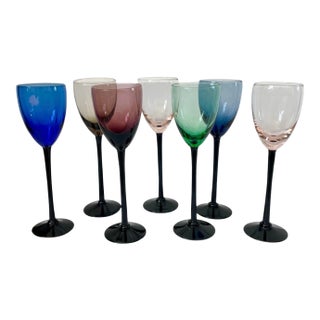 Mid-Century Glass Cordials Stems Goblets Glasses Black Base Colored Bowls. Set of 7 For Sale