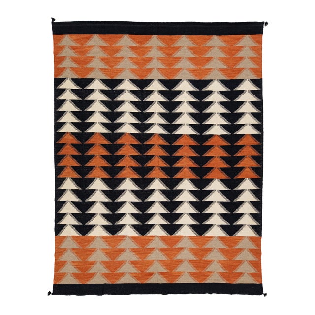 Modern Navajo Style Geometric Wool Rug Handmade Terracotta & Charcoal Flatweave For Sale