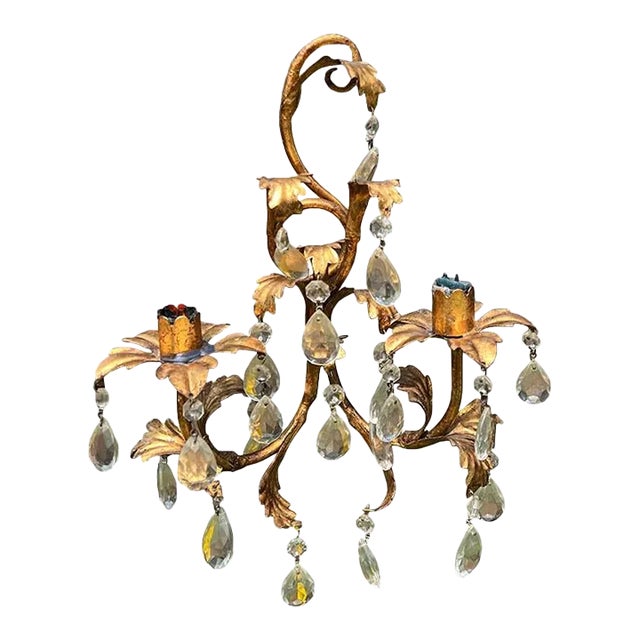 1970s Crystal and Tole Metal Gold 2 Arm Candlestick Wall Sconce - Italy For Sale