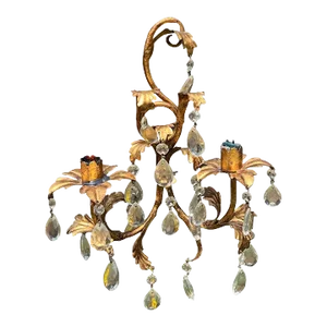1970s Crystal and Tole Metal Gold 2 Arm Candlestick Wall Sconce - Italy