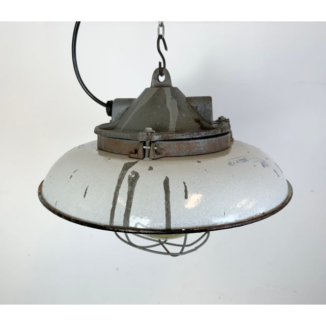 Industrial Grey Enamel Factory Cage Pendant Lamp in Cast Iron from Zaos, 1960s For Sale - Image 10 of 18