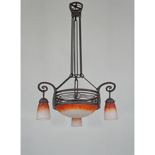 1920s 1920s French Art Deco Chandelier by Fournet & Schneider - Orange Mottled Glass, Wrought Iron For Sale - Image 5 of 12