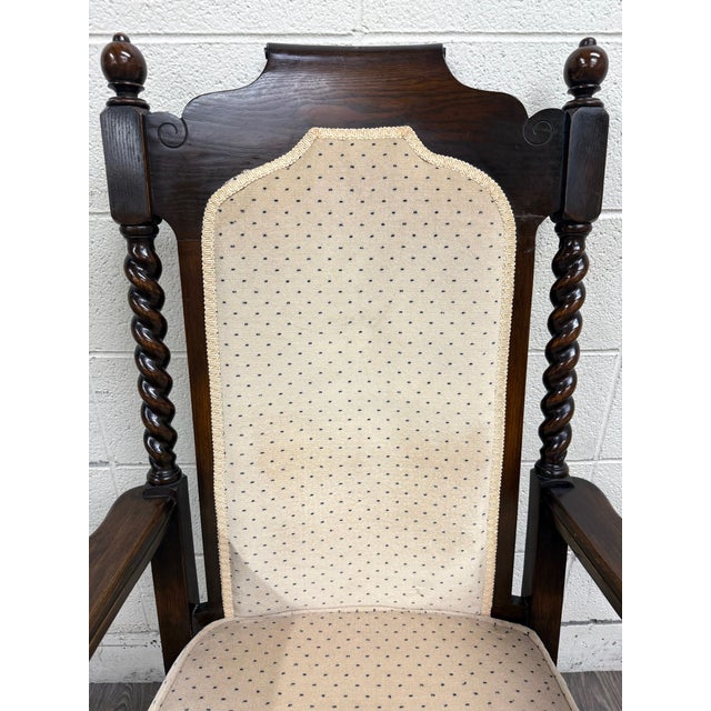 Cream Vintage Jacobean Revival or Tudor Style Barley Twist Oak Armchair and Rocker Set For Sale - Image 8 of 17