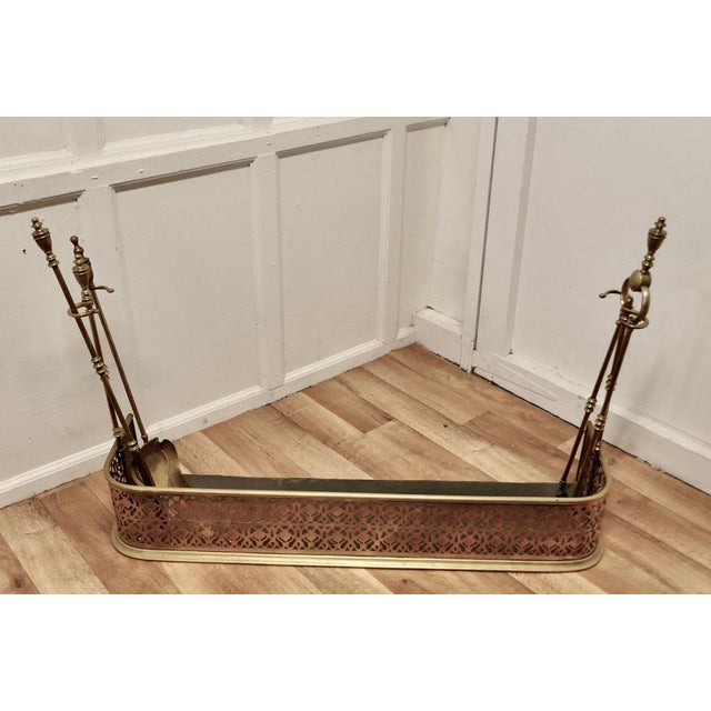 Metal Victorian Pierced Brass Fender with Fire Irons For Sale - Image 7 of 9
