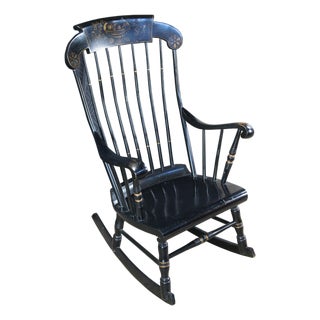 Antique Black Harvest Stenciled Hitchcock style Windsor Slat Back Rocking Chair For Sale