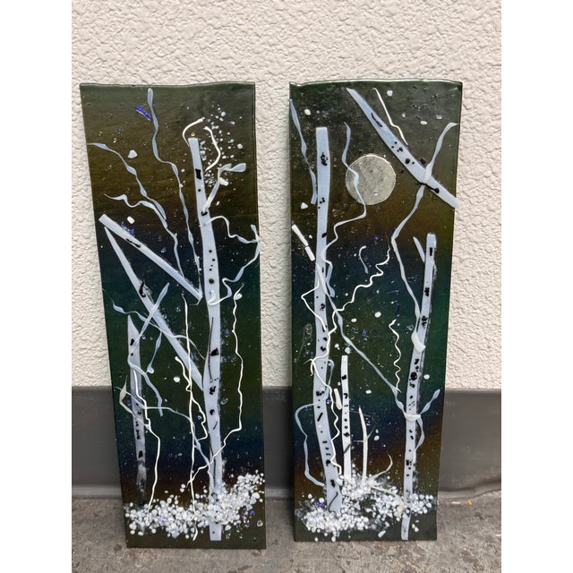 Abstract Winter Landscape Glass Wall Art Panels, Set of Two For Sale - Image 11 of 12