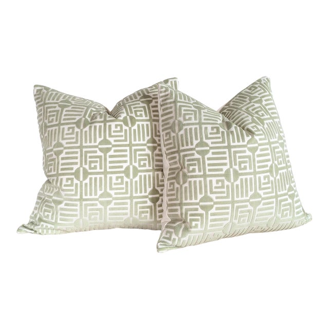 Thibaut Labyrinth Velvet Pillows in Sage For Sale