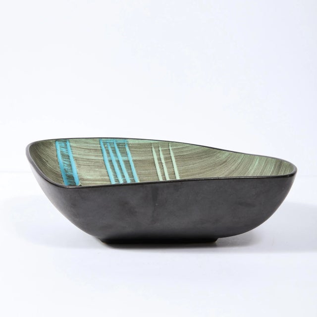 Ceramic Mid-Century Modern Hand Painted Ceramic Bowl With Aqua & Flaxen Yellow Accents For Sale - Image 7 of 13