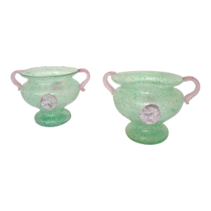 2 Italian Frosted Pink & Mint Green Scavo Glass Bowls Vases Vessel Italy 1980