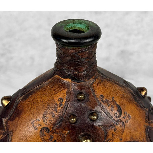 Vintage Italian Tooled Leather Wrapped Cognac Liquor Decanter W/ Stopper For Sale - Image 9 of 10