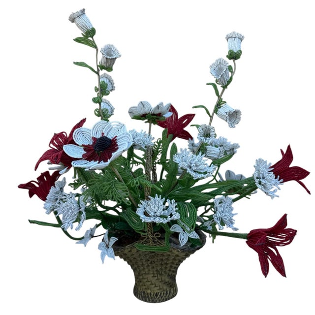 Vintage French Imortelle Glass Beaded Memorial Basket Bouquet For Sale - Image 12 of 12