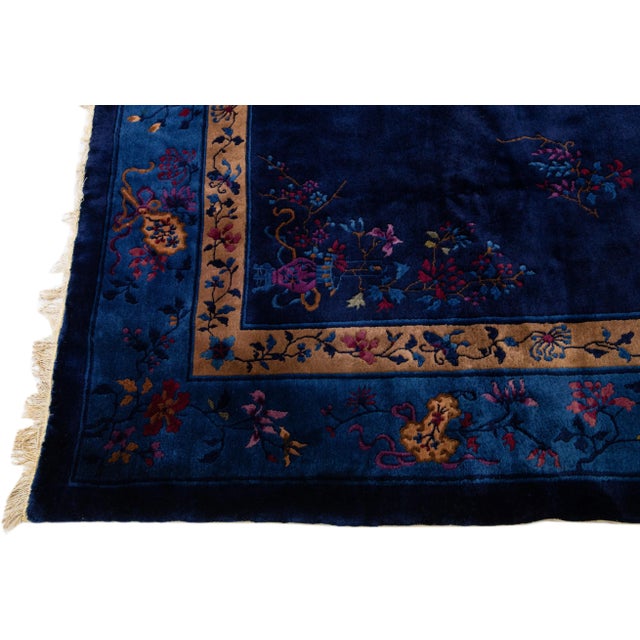 Antique Peking Handmade Chinese Blue Wool Rug With Traditional Floral Motif For Sale - Image 4 of 8