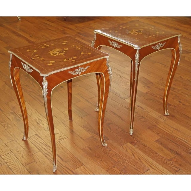 Pair of French Louis XV Style Mixed Wood Inlaid Ormolu End Tables Dimensions : 20" Wide X 20" Deep X 29" Tall This...