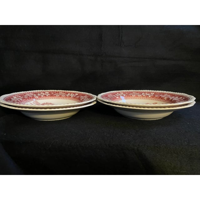 Victorian Final Markdown. Rare Find; Spode “Pink Tower” Design; English Transferware Soup Plates. Set of 4 For Sale - Image 3 of 9