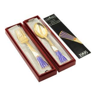 A. Michelsen Gilt Sterling Enamel Christmas 1995 Spoon and Fork Set by Kortzau - Set of 2 For Sale