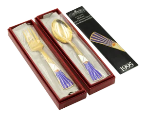A. Michelsen Gilt Sterling Enamel Christmas 1995 Spoon and Fork Set by Kortzau - Set of 2