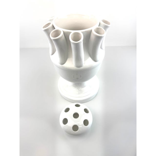 Vintage White Ceramic Tulipiere Style Flower Frog Vase With Pedestal Base For Sale - Image 10 of 11