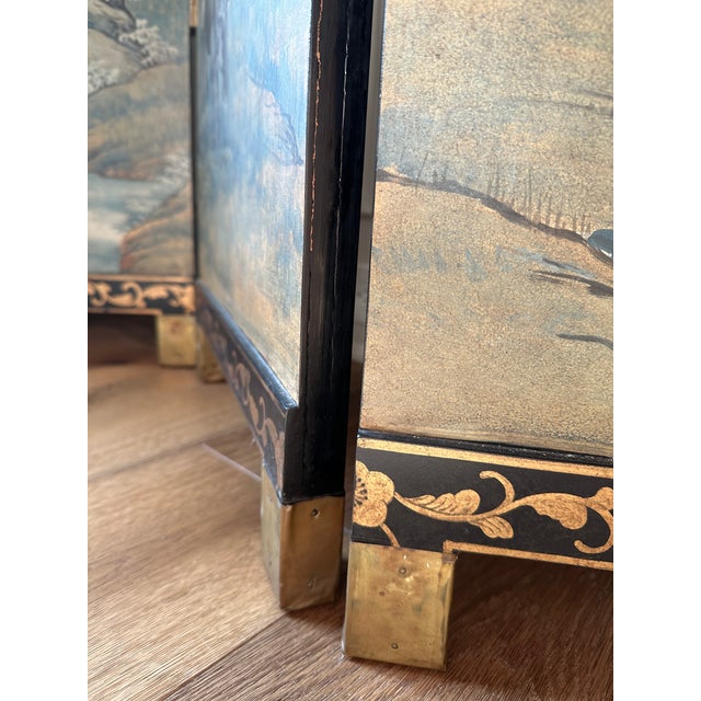 Mid 20th Century Pagoda Gilded Hand Painted Four Panel Privacy Screen For Sale - Image 11 of 14