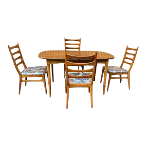 Mid Century Walnut Dining Table With Leaf and 4 High Ladder Back Dining Chairs. 1960s.