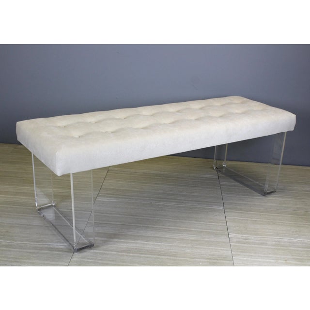 2010s 60 Inches Infinity Style Cream Velvet & Lucite Bench - Lucite Bench - Velvet Bench - Cream Bench For Sale - Image 5 of 7