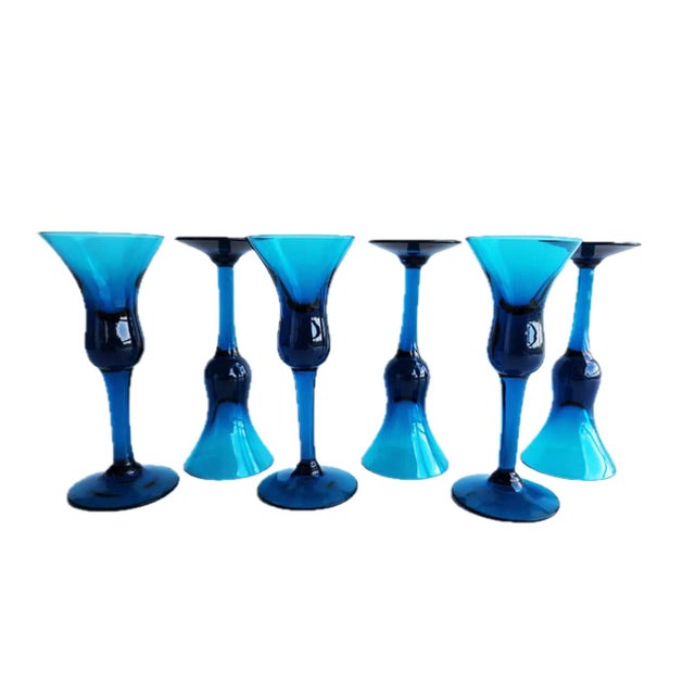 Mid-Century Modern 1960s Peacock Blue Kluk Kluk Cordial Glasses Designed by Jacob Bang for Holmegaard, Set of 6 For Sale - Image 3 of 10