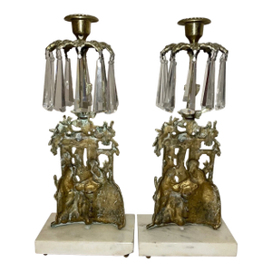 Pair of Antique Ornate Figural Brass Marble Crystal Girandole Candle Holders