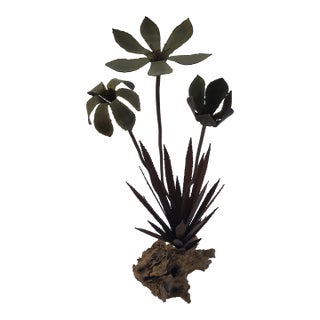 Tall Vintage Copper Agave Sculpture on Driftwood For Sale