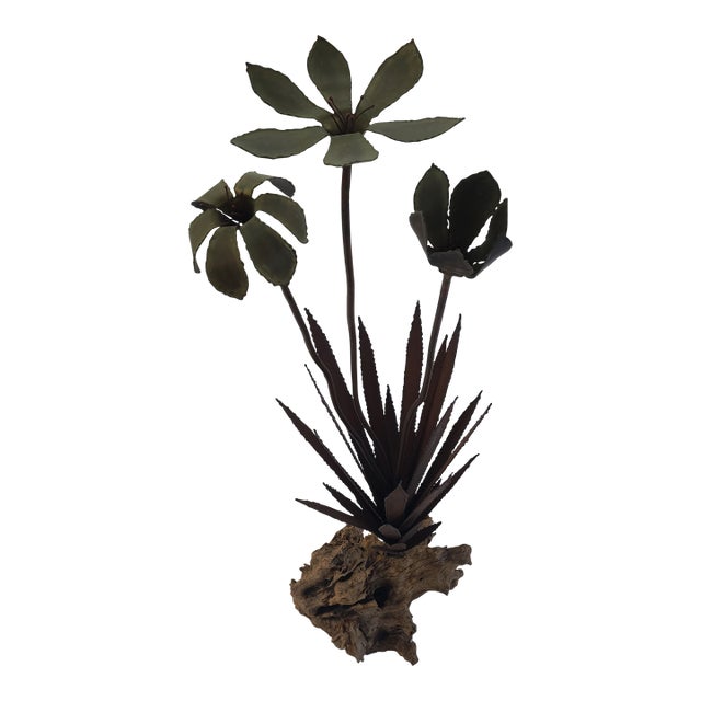 Tall Vintage Copper Agave Sculpture on Driftwood For Sale