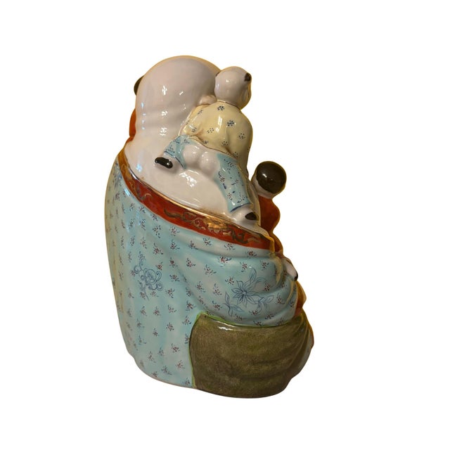 Ceramic Vintage Chinese Famille Rose "Five Children" Laughing Buddha For Sale - Image 7 of 12