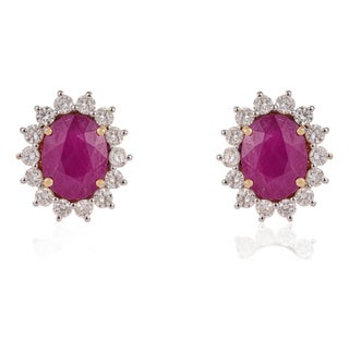 18k Gold 4.86ct Vivid Red Ruby & 1.04ct Diamond Halo Sunburst Stud Earrings- 2 Pieces For Sale