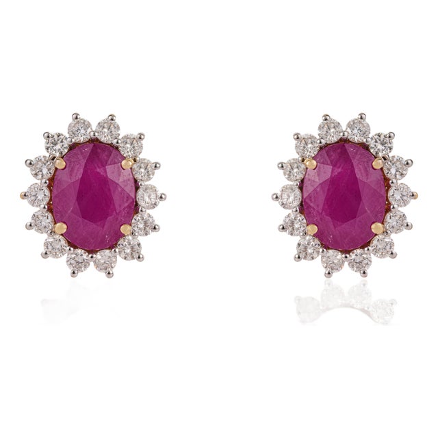 18k Gold 4.86ct Vivid Red Ruby & 1.04ct Diamond Halo Sunburst Stud Earrings- 2 Pieces For Sale