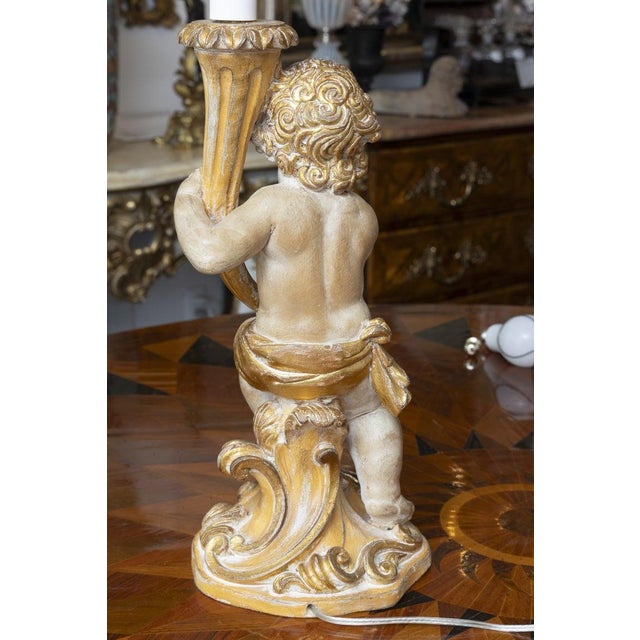 Wood Pair of Italian Giltwood Cherub Candlestick Lamps For Sale - Image 7 of 10