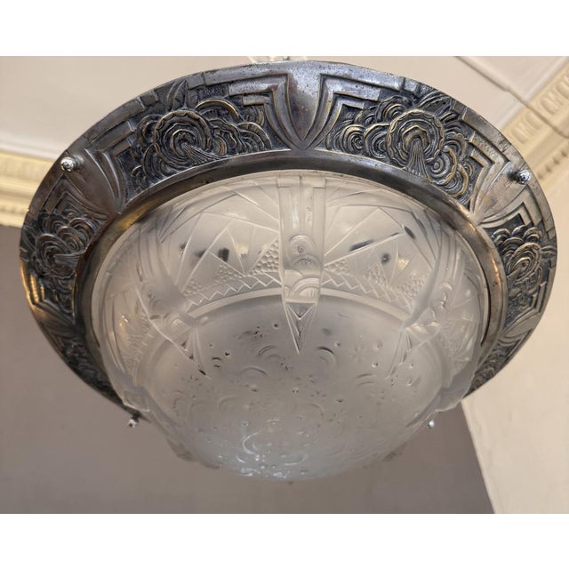 Art Deco A La Nuit Étoilée Ceiling Light in Pressed Molded Glass and Nickel-Plated Bronze by Müller Frères Lunéville, 1930 For Sale - Image 3 of 18